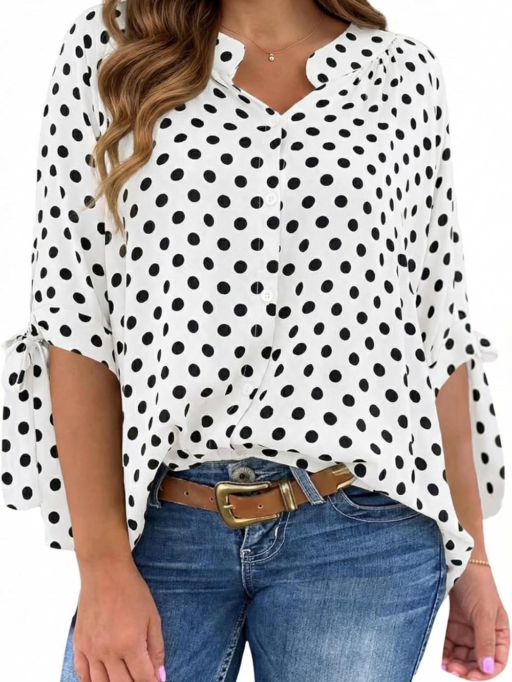 NWT Size Medium Women’s White Black Polka Dot Tie-Sleeve Blouse